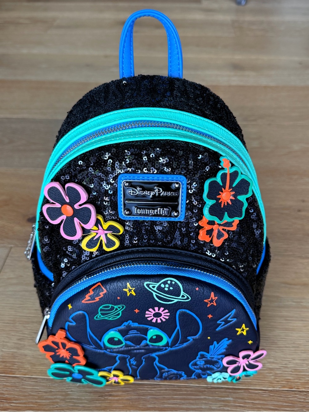 Disney Loungefly Black Sequin Stitch Mini Backpack with Teal Accents